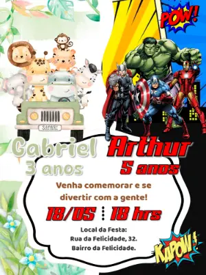 Convite Aniversário Duplo Safari e Vingadores para Editar