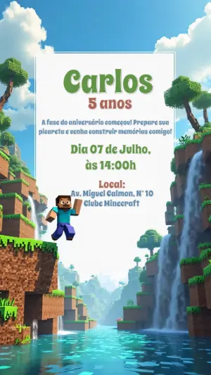Convite de Aniversário Minecraft com Personagens para Editar