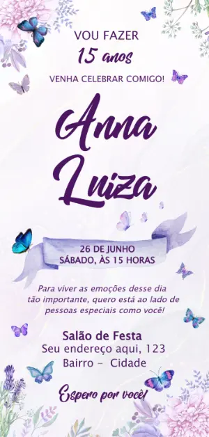 Convite 15 Anos Jardim das Borboletas Lilás para Editar Online