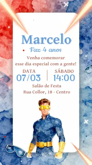 Convite de Aniversário Super-Herói Aquarela para Editar