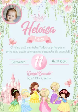 Convite Aniversário Princesas Cute com Foto para Editar Online