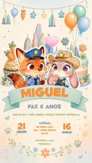 Convite de Aniversário Zootopia Aquarela para Editar
