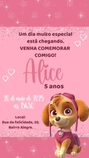 Convite Animado Aniversário Skye Patrulha Canina para Editar