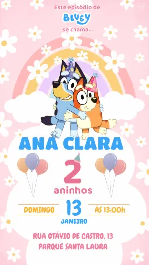 Convite Digital Aniversário Bluey Fofo e Rosa Editável