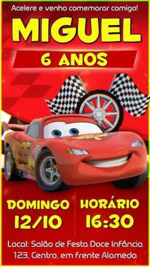 Convite Animado Aniversário Carros Disney para Editar Online