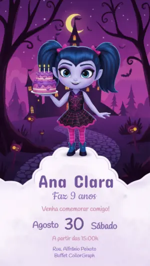 Convite Digital Aniversário Infantil Tema Vampira Editável