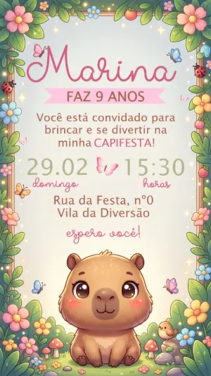 Convite de Aniversário Capivara Fofa Modelo Editável