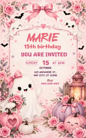 Cute Ghost Halloween Birthday Editable Invitation