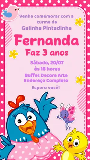 Convite de Aniversário Galinha Pintadinha Rosa para Editar