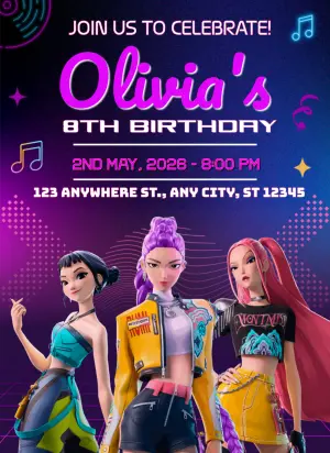 Editable Demon Hunter K-Pop Gamer Girl Birthday Invitation Template