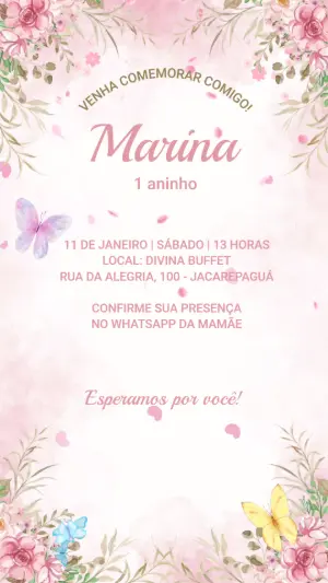 Convite Animado Aniversário Floral com Borboletas para Editar