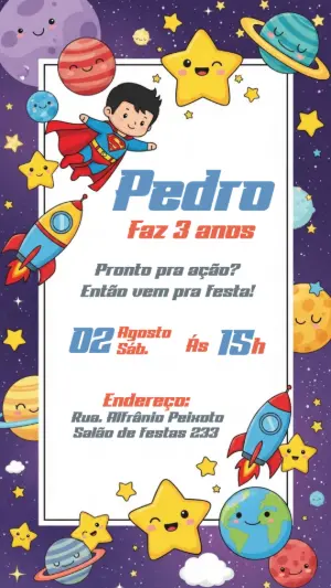 Convite Aniversário Superman no Espaço para Editar Online