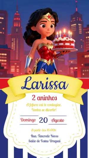 Convite de Aniversário Mulher Maravilha Fofa Editável