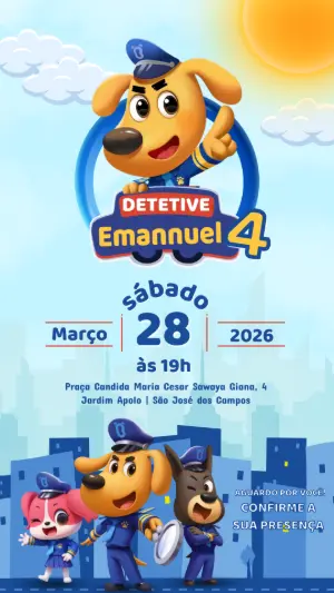Convite de Aniversário Infantil Detetive Canino para Editar