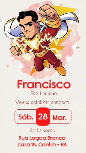 Convite de Aniversário Shazam Editável com Ilustração de Herói