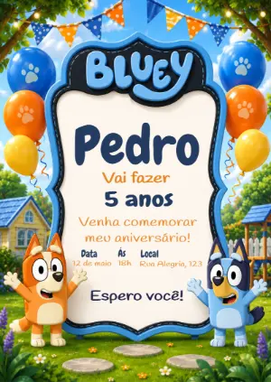 Convite Digital Infantil Tema Bluey para Editar Online
