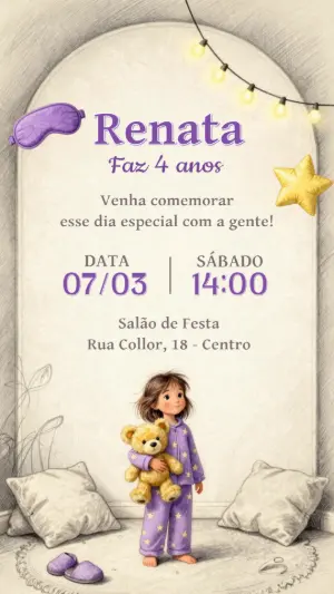Convite de Aniversário Festa do Pijama Fofa para Editar