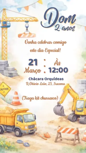 Convite de Aniversário Tema Construção Editável com Trator