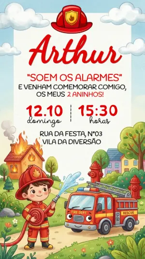 Convite Digital Aniversário Bombeiro Infantil para Editar