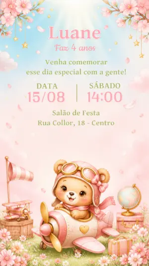 Convite de Aniversário Ursinha Aviadora Editável