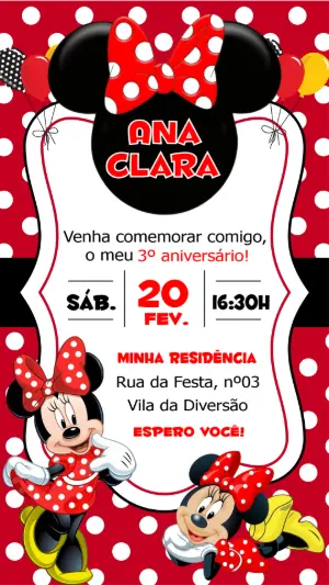 Convite Digital Minnie Vermelha para Aniversário Editável