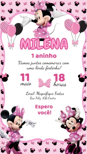 Convite de Aniversário Digital Minnie Mouse Rosa Editável