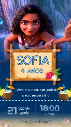 Convite de Aniversário Moana para Editar e Imprimir Online