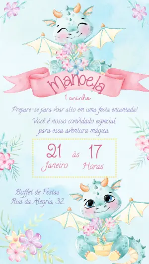 Convite de Aniversário Dragão Fofo Aquarela para Editar