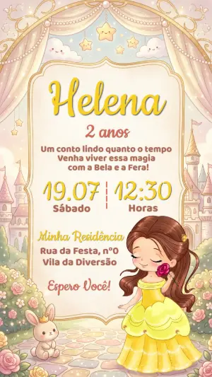 Convite Digital A Bela e a Fera Princesa Fofa Editável