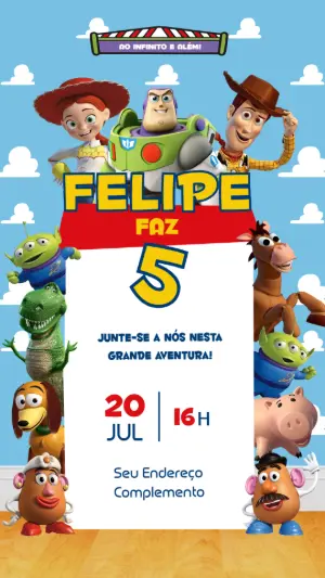 Convite Aniversário Toy Story com Personagens para Editar Online