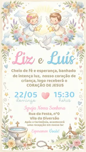 Convite Batizado Gêmeos Anjinhos Aquarela Editável