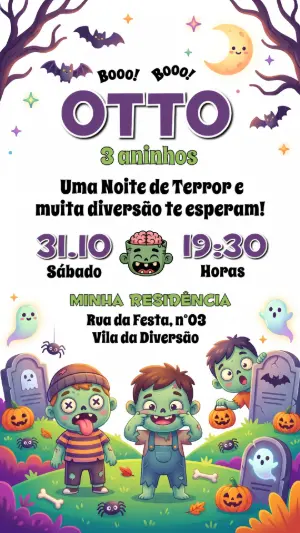 Convite de Aniversário Halloween Zumbi Infantil Editável