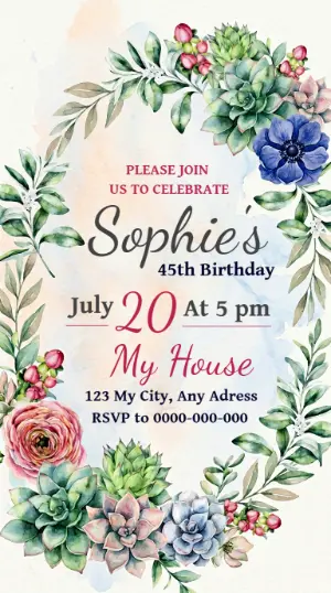 Editable Birthday Invitation with Watercolor Succulents
