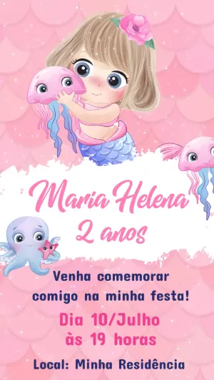 Convite de Aniversário Sereia Fofa Rosa Modelo Editável