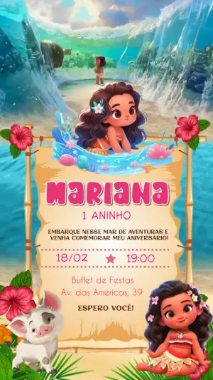 Convite Animado Aniversário Moana Baby para Editar Online