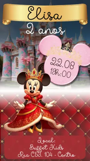 Convite Aniversário Minnie Realeza Vermelho e Dourado para Editar