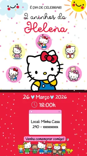 Convite de Aniversário Hello Kitty Fofo e Colorido para Editar