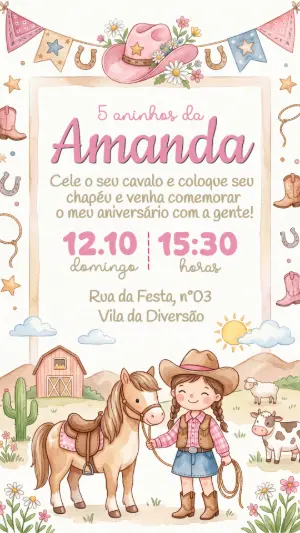 Convite Aniversário Boiadeira Fazendinha Menina Editável