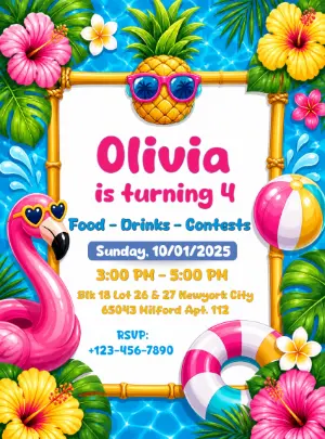 Tropical Pool Party Birthday Invitation - Editable Template
