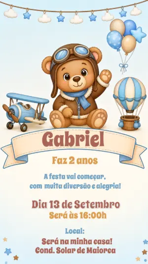 Convite de Aniversário Ursinho Aviador Editável