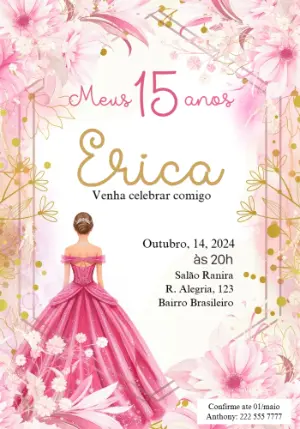 Convite de 15 Anos Princesa Floral Rosa e Dourado para Editar