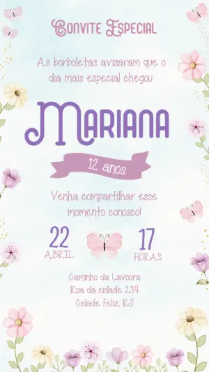Convite de Aniversário Borboletas Aquarela Editável