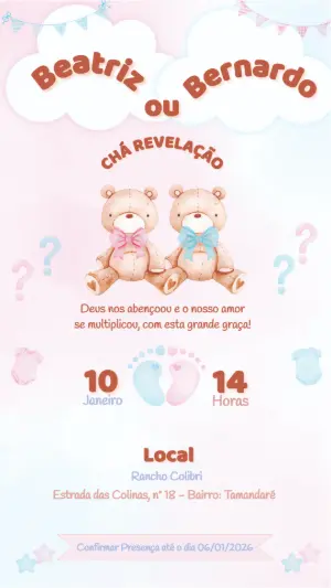 Convite Chá Revelação Ursinhos Aquarela para Editar