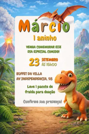 Convite de Aniversário Dinossauro Infantil para Editar