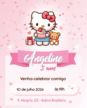 Convite de Aniversário Hello Kitty Rosa e Fofo para Editar