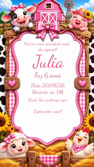 Convite de Aniversário Fazendinha Rosa Editável para Menina