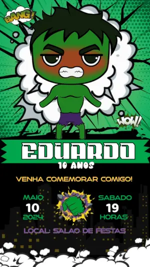 Convite Animado Aniversário Incrível Hulk para Editar Online