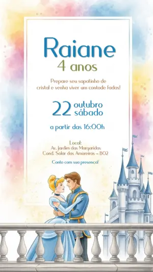 Convite Aniversário Cinderela com Princesa para Editar Online
