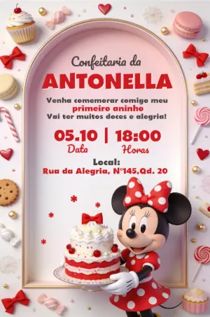 Convite de Aniversário Minnie Vermelha Confeitaria Editável