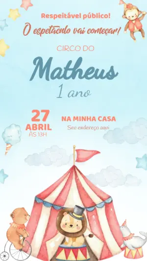 Convite Aniversário Circo com Animais em Aquarela para Editar